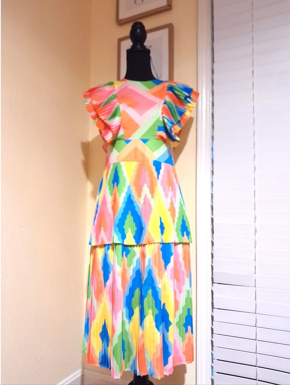 Emily McCarthy Chloe Midi Dress Geo Multi Print Bright Colors Summer Casual XS - Picture 2 of 10